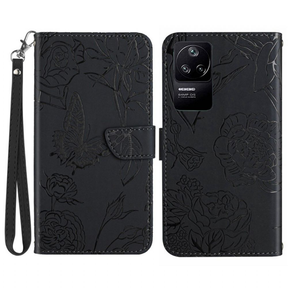 Flip Case Für Poco F4 Mit Kordel Schmetterlingsriemen-design