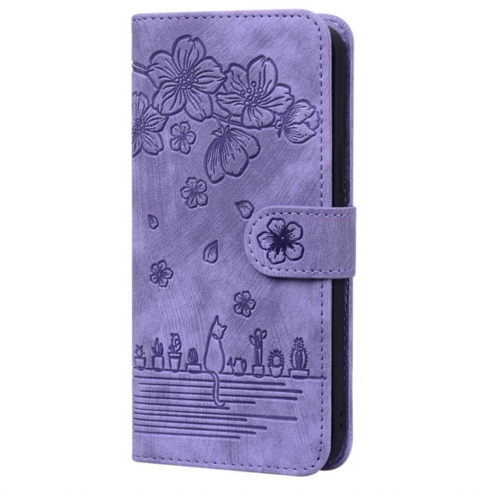 Flip Case Für Poco F4 Mit Kordel Tanga Blumenkatze