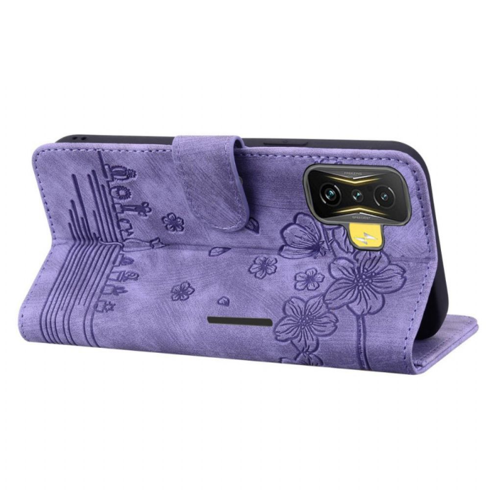 Flip Case Für Poco F4 Mit Kordel Tanga Blumenkatze