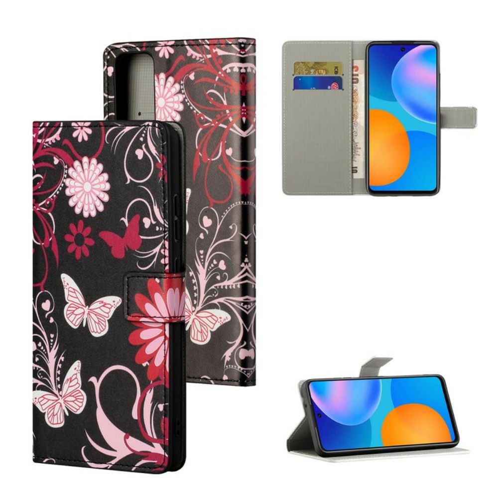 Lederhüllen Für Honor 10X Lite Schmetterlinge Und Blumen
