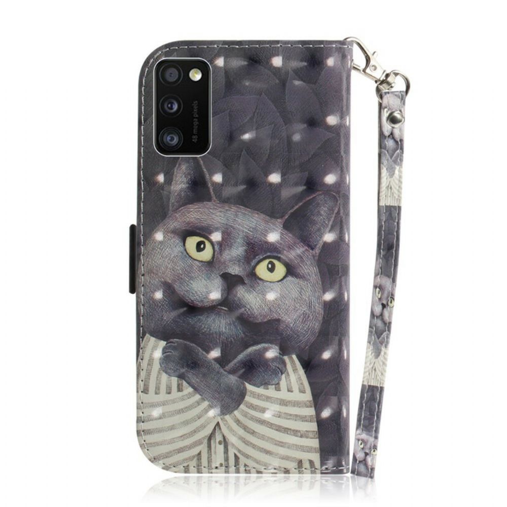 Lederhüllen Für Samsung Galaxy A41 Mit Kordel Graue Riemchenkatze