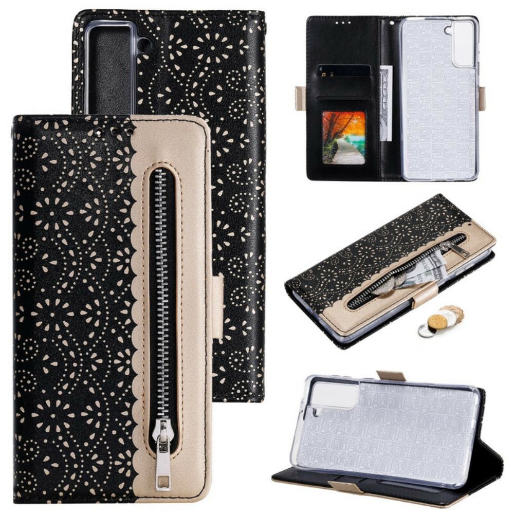 Flip Case Für Samsung Galaxy S21 5G Mit Kordel Geldbörse Mit Spitzenband