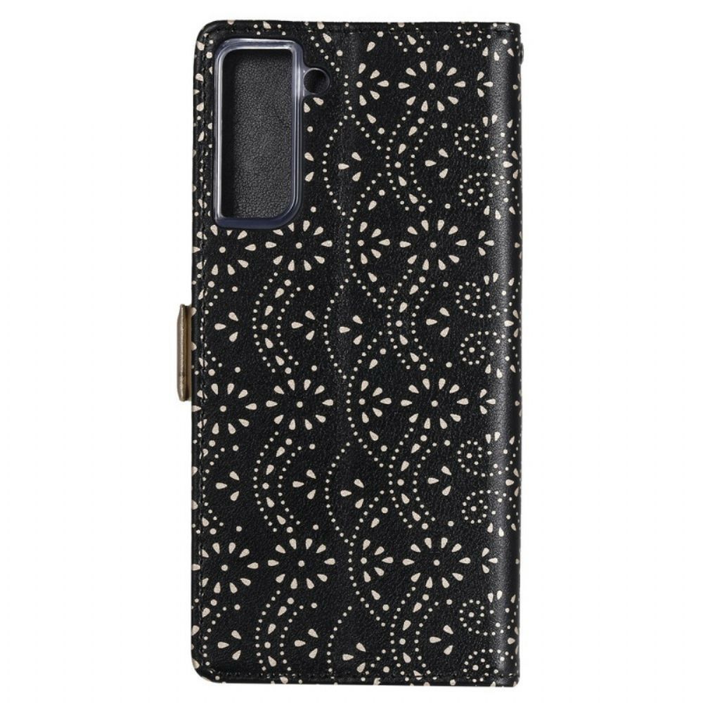 Flip Case Für Samsung Galaxy S21 5G Mit Kordel Geldbörse Mit Spitzenband
