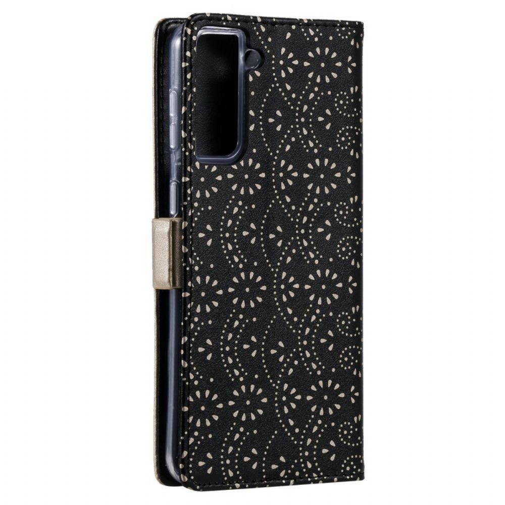 Flip Case Für Samsung Galaxy S21 5G Mit Kordel Geldbörse Mit Spitzenband