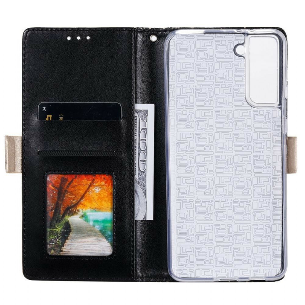 Flip Case Für Samsung Galaxy S21 5G Mit Kordel Geldbörse Mit Spitzenband