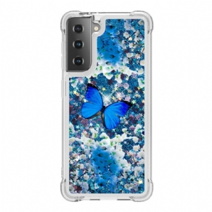 Hülle Für Samsung Galaxy S21 5G Blaue Glitzerschmetterlinge