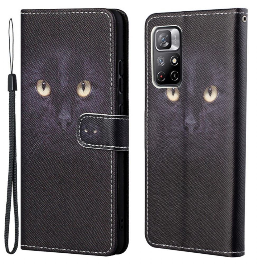 Flip Case Für Poco M4 Pro 5G Mit Kordel String Mit Schwarzen Katzenaugen