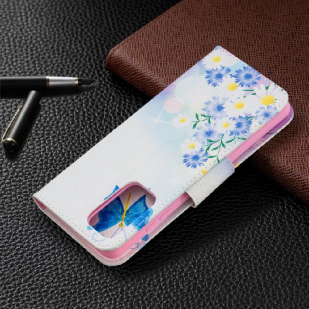 Lederhüllen Für Samsung Galaxy A52 4G / A52 5G / A52s 5G Gemalte Schmetterlinge Und Blumen