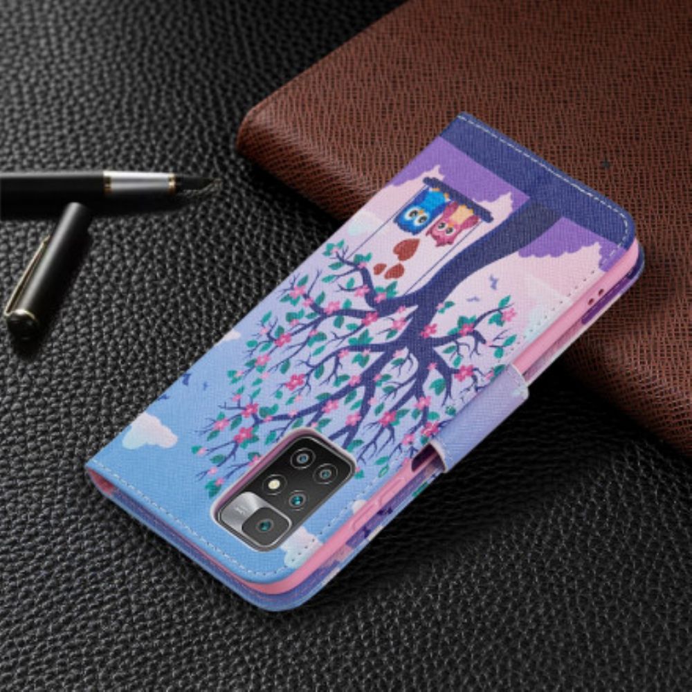 Lederhüllen Für Xiaomi Redmi 10 Eulen Auf Der Schaukel