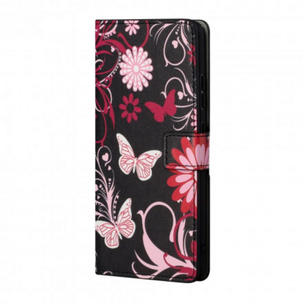 Lederhüllen Für Xiaomi Redmi 10 Mit Kordel Tanga Schmetterlinge Und Blumen