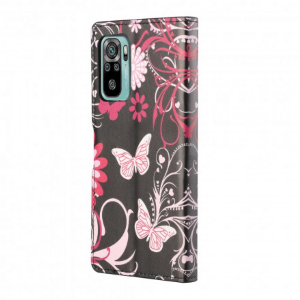Lederhüllen Für Xiaomi Redmi 10 Mit Kordel Tanga Schmetterlinge Und Blumen