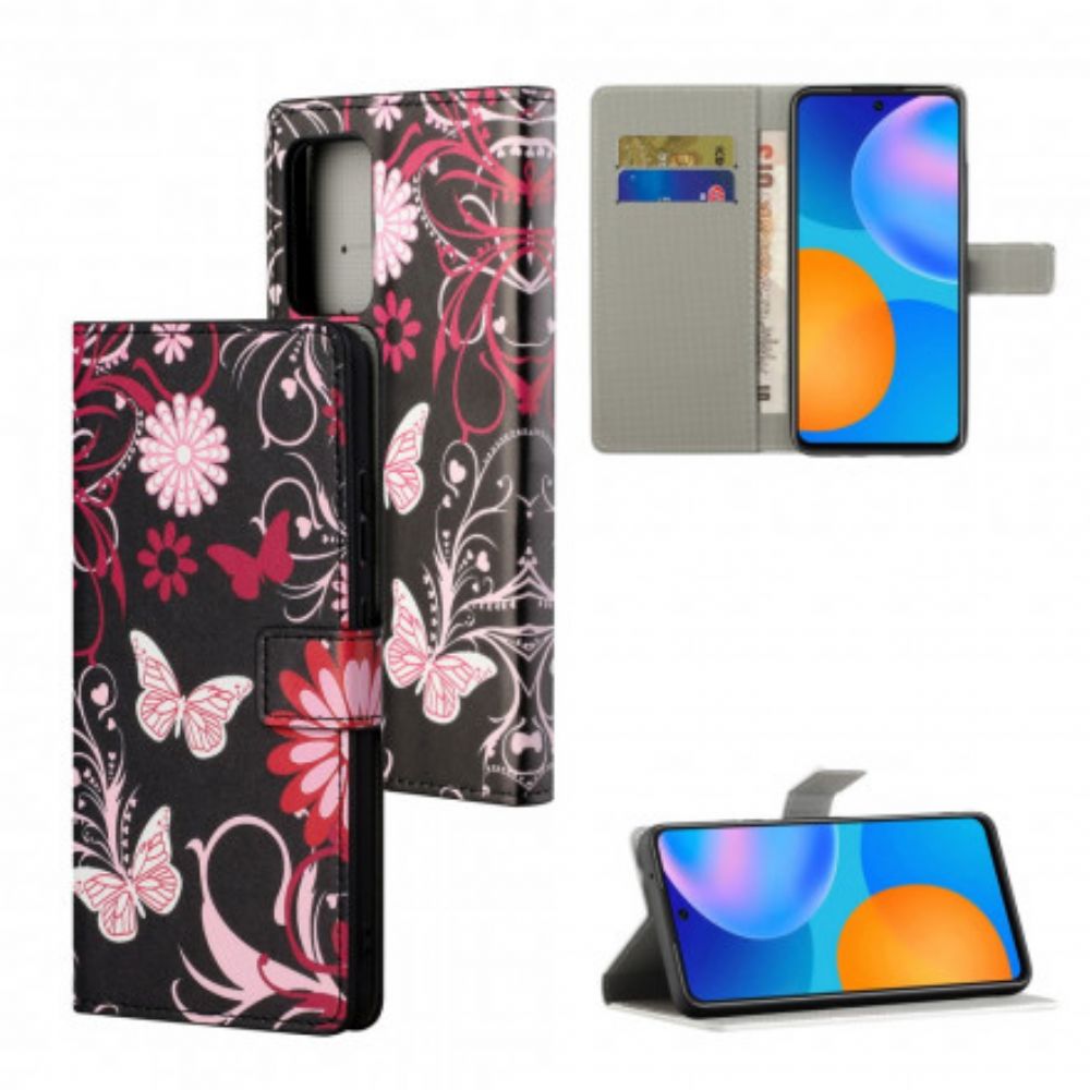 Lederhüllen Für Xiaomi Redmi 10 Mit Kordel Tanga Schmetterlinge Und Blumen