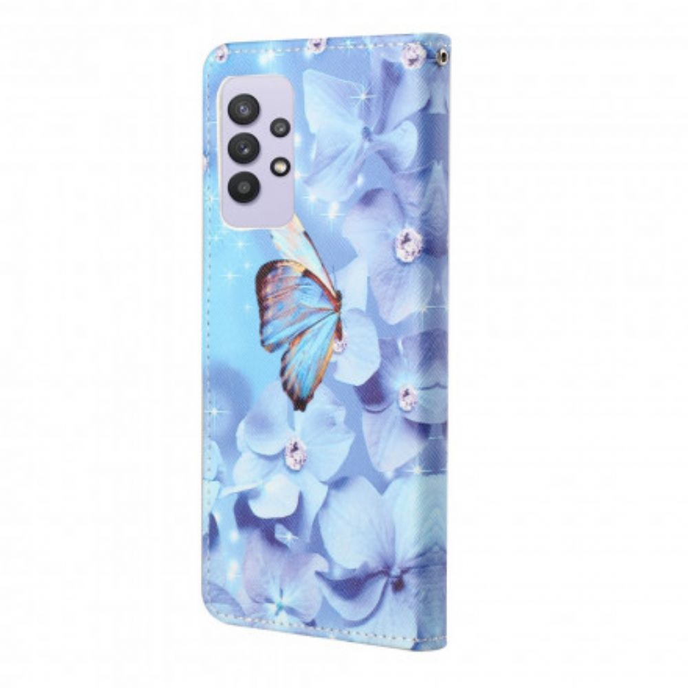 Flip Case Für Samsung Galaxy A32 4G Mit Kordel Diamantband Schmetterlinge