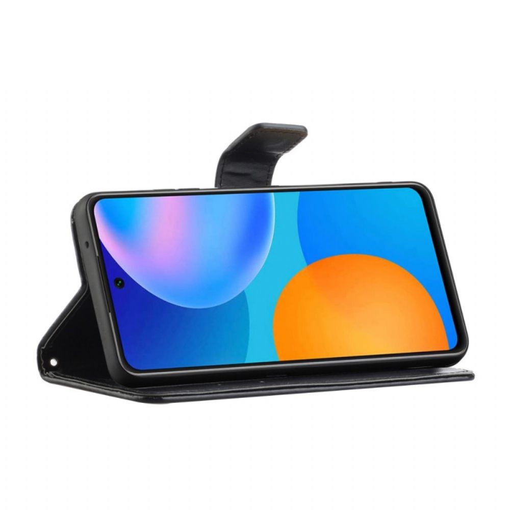 Lederhüllen Für Samsung Galaxy M52 5G Mit Kordel Tanga Schmetterlinge Und Blumen