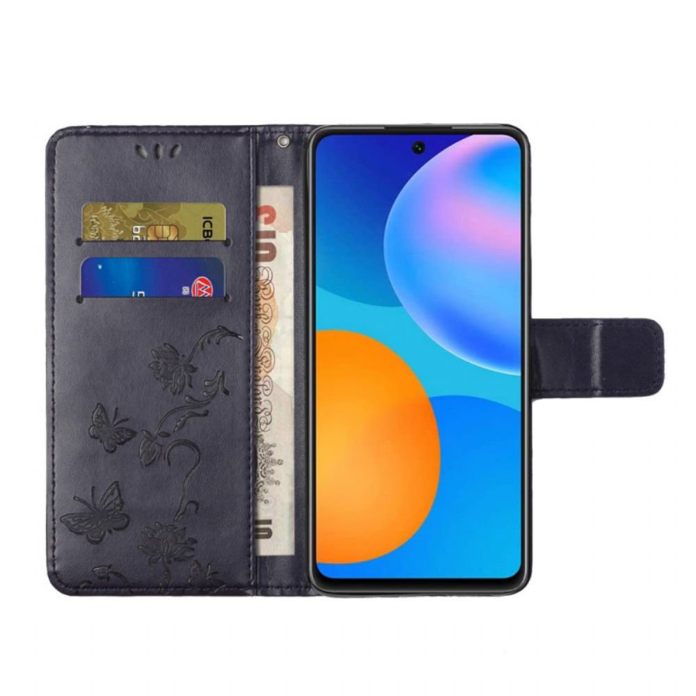Lederhüllen Für Samsung Galaxy M52 5G Mit Kordel Tanga Schmetterlinge Und Blumen