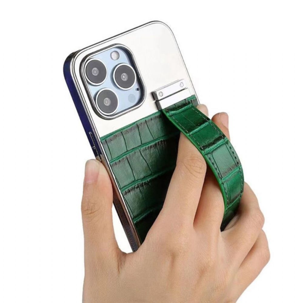 Handyhülle Für iPhone 14 Krokodillederimitat Mit Halteriemen