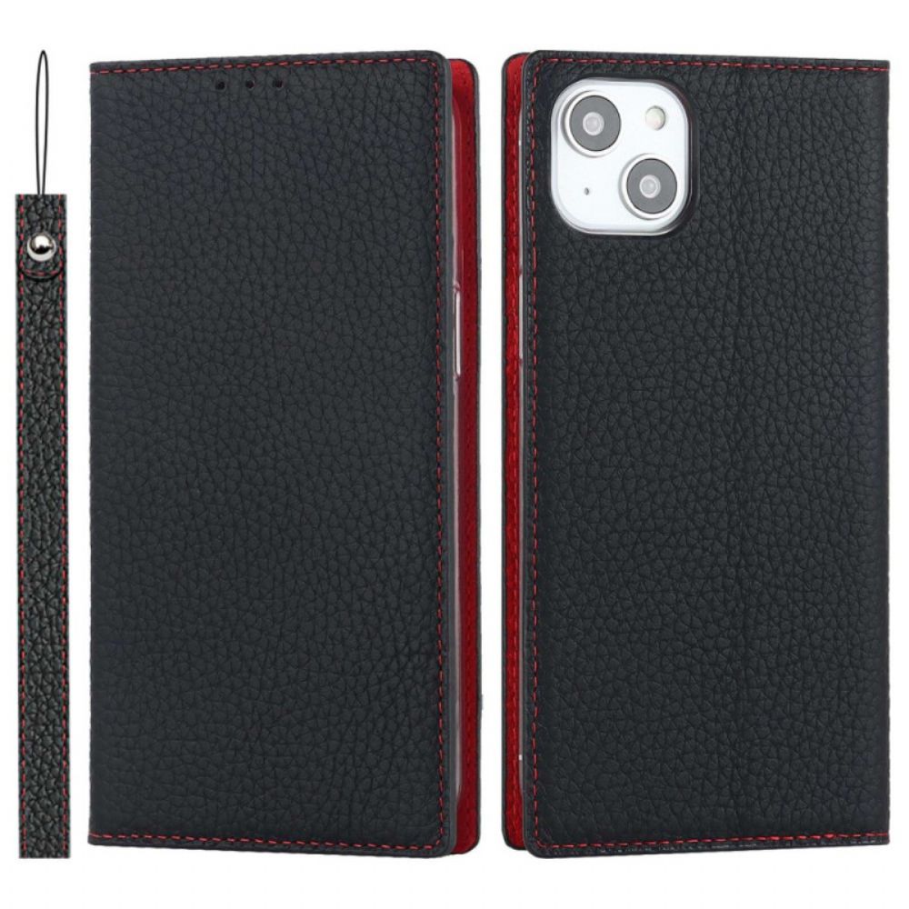 Schutzhülle Für iPhone 14 Mit Kordel Flip Case Echtes Litschi-lederband