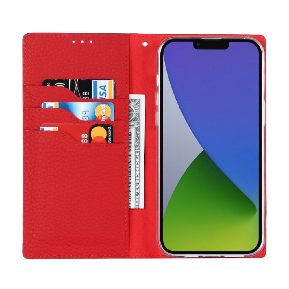 Schutzhülle Für iPhone 14 Mit Kordel Flip Case Echtes Litschi-lederband