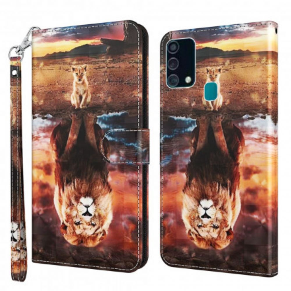 Lederhüllen Für Samsung Galaxy A32 5G Lichtpunkt Löwe Mit Lanyard