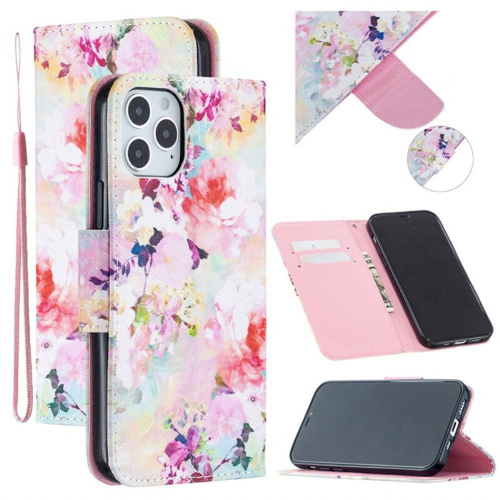 Lederhüllen Für iPhone 12 / 12 Pro Mit Kordel Atemberaubende Riemenblumen