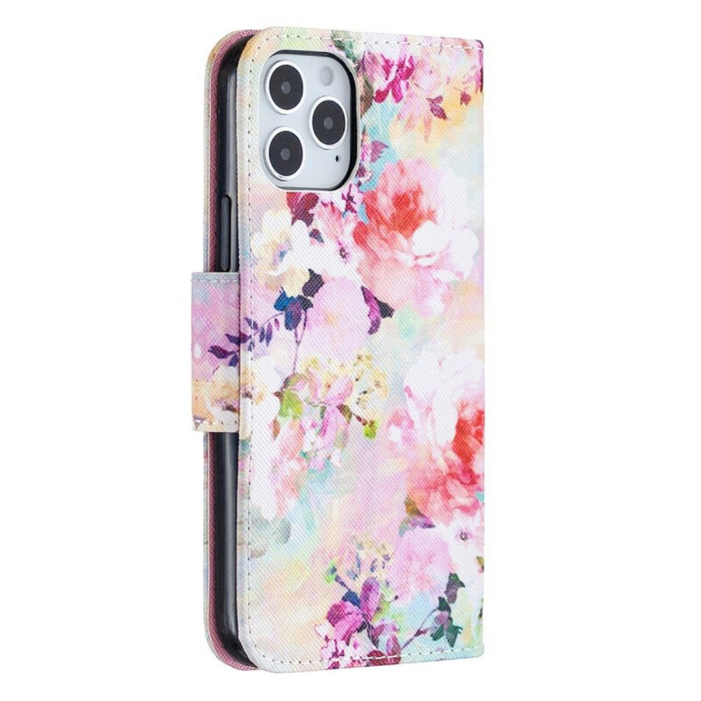 Lederhüllen Für iPhone 12 / 12 Pro Mit Kordel Atemberaubende Riemenblumen