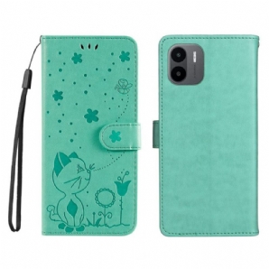 Lederhüllen Für Xiaomi Redmi A1 Mit Kordel Katze Und Biene Mit Schlüsselband