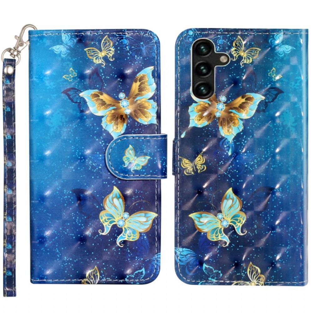 Lederhüllen Für Samsung Galaxy S24 Fe Blaue Und Goldene Schmetterlinge Mit Riemen