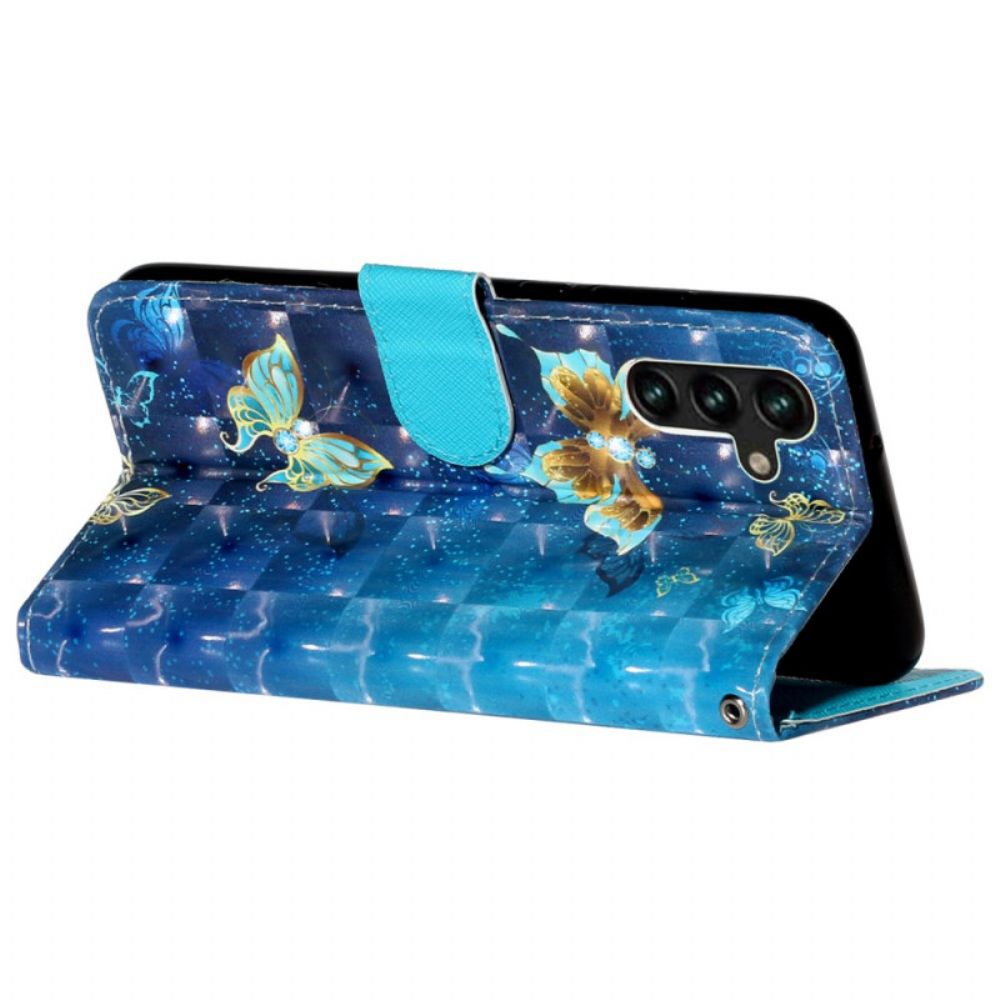 Lederhüllen Für Samsung Galaxy S24 Fe Blaue Und Goldene Schmetterlinge Mit Riemen