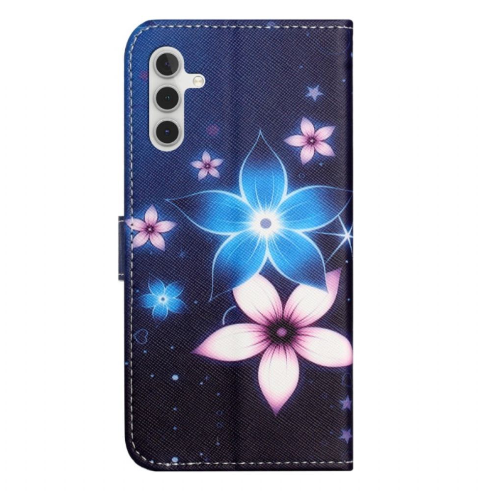 Lederhüllen Samsung Galaxy S24 Fe Handyhülle Mondblumen Mit Riemen