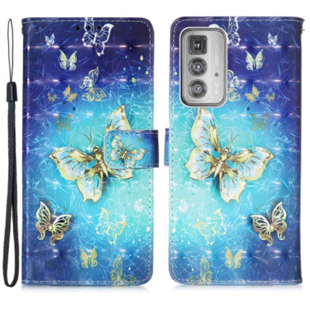 Lederhüllen Für Motorola Edge 20 Pro Mit Kordel Goldene Schmetterlinge Mit Riemen