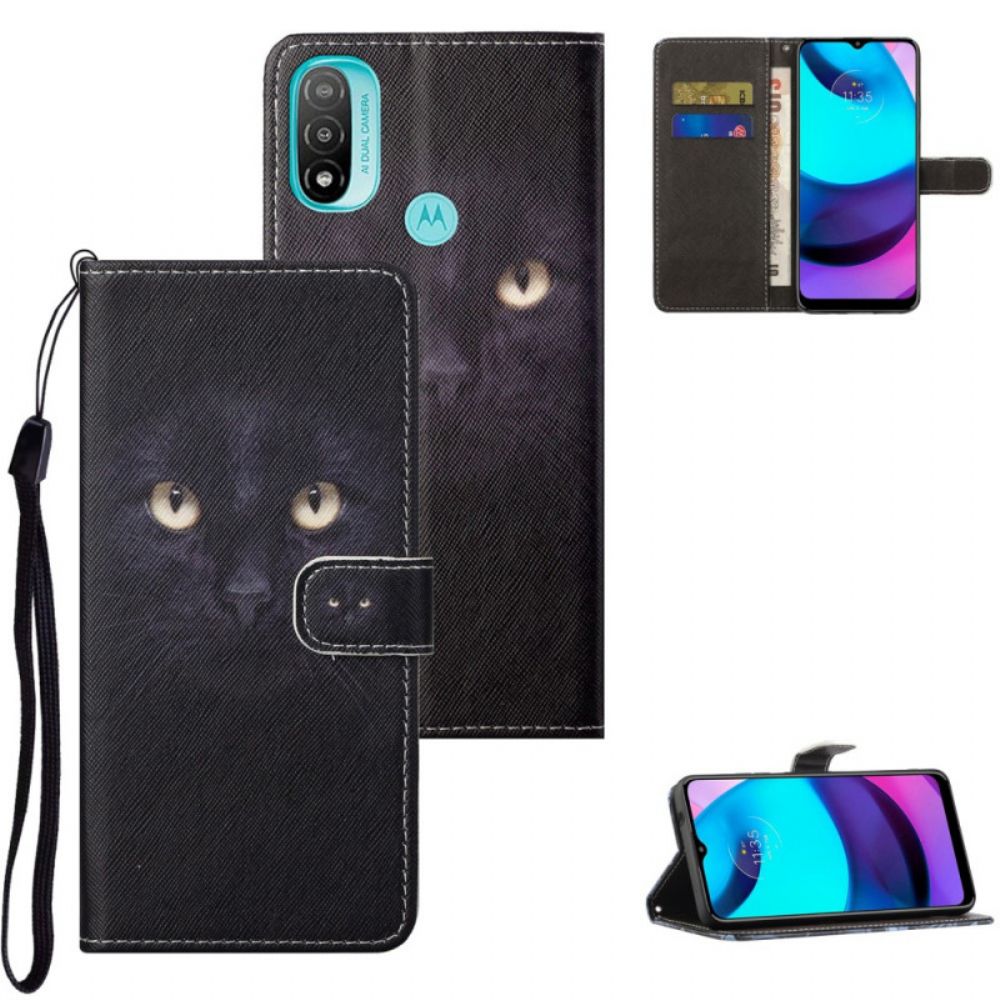 Lederhüllen Für Moto G71 5G Mit Kordel Schwarze Katzenaugen Mit Riemen