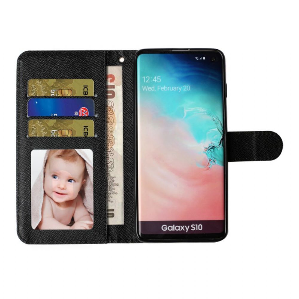 Flip Case Für Samsung Galaxy S10 Plus Mit Kordel Lichtflecken Riemenkätzchen