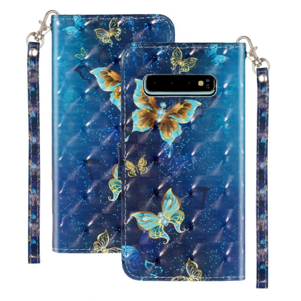 Lederhüllen Für Samsung Galaxy S10 Plus Goldenes Schlüsselband Mit Schmetterlingen