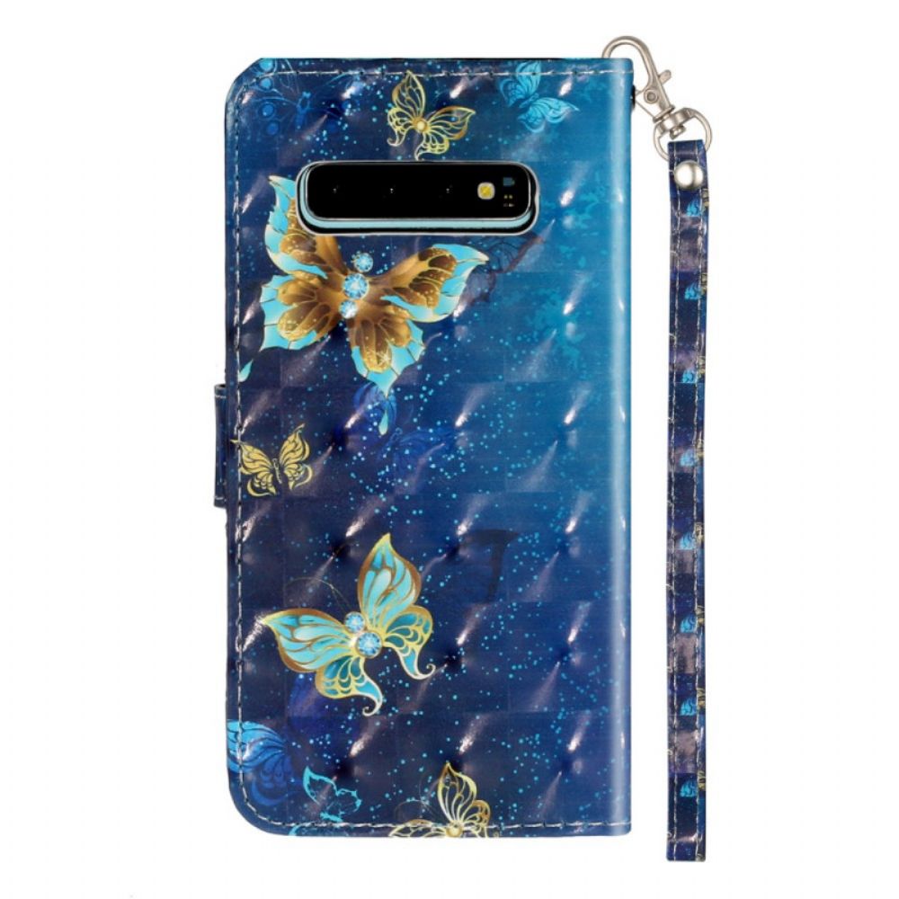 Lederhüllen Für Samsung Galaxy S10 Plus Goldenes Schlüsselband Mit Schmetterlingen