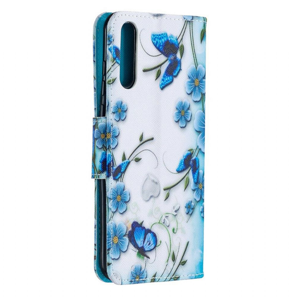 Lederhüllen Für Huawei P Smart S Mit Kordel Blauer Riemen Schmetterlinge Und Blumen