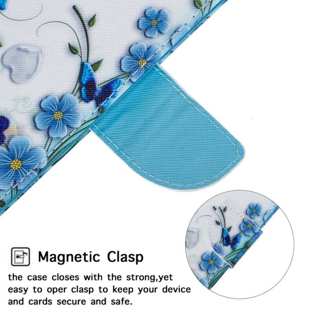 Lederhüllen Für Huawei P Smart S Mit Kordel Blauer Riemen Schmetterlinge Und Blumen