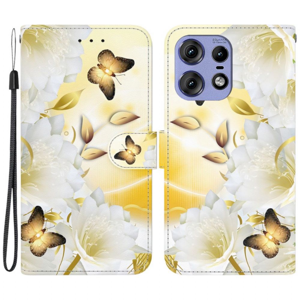 Lederhüllen Motorola Edge 50 Pro Handyhülle Goldene Schmetterlinge Und Weiße Blumen Mit Riemen