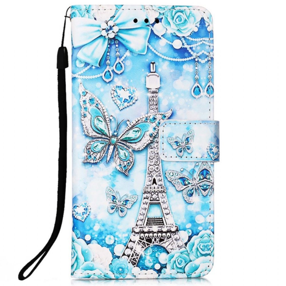 Flip Case Für Samsung Galaxy A33 5G Mit Kordel Eiffelturm-schmetterlinge Mit Riemen