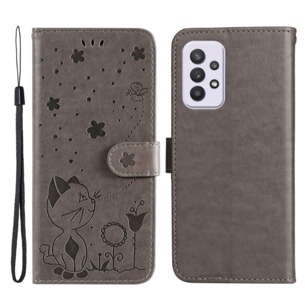 Flip Case Für Samsung Galaxy A33 5G Mit Kordel Katze Und Bienen Im Tragegurt