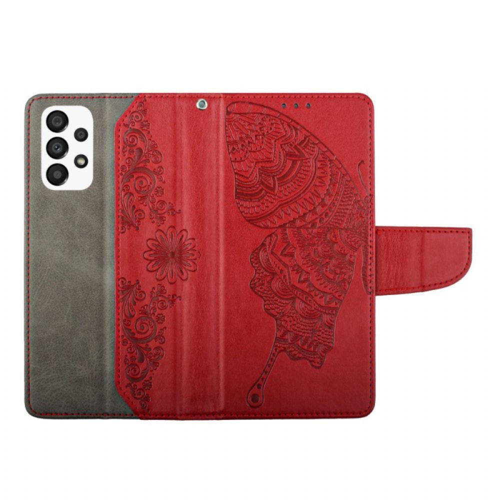 Flip Case Für Samsung Galaxy A33 5G Mit Kordel Zweifarbiger Schmetterling Mit Riemen