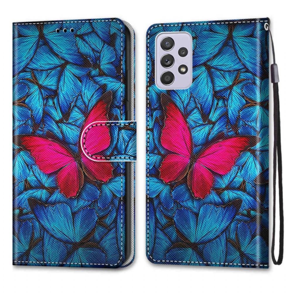 Flip Case Für Samsung Galaxy A33 5G Roter Schmetterling Auf Blauem Hintergrund