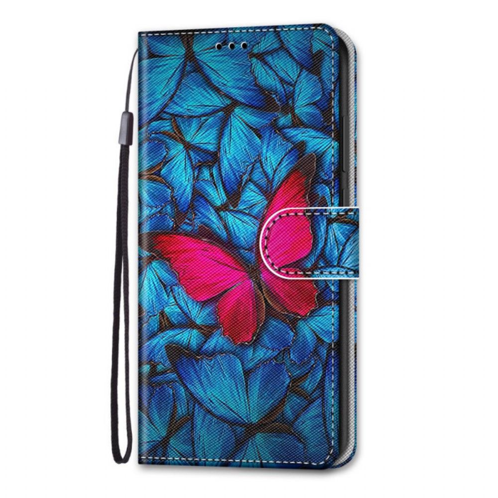 Flip Case Für Samsung Galaxy A33 5G Roter Schmetterling Auf Blauem Hintergrund