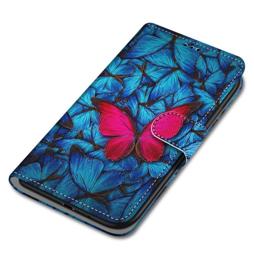 Flip Case Für Samsung Galaxy A33 5G Roter Schmetterling Auf Blauem Hintergrund