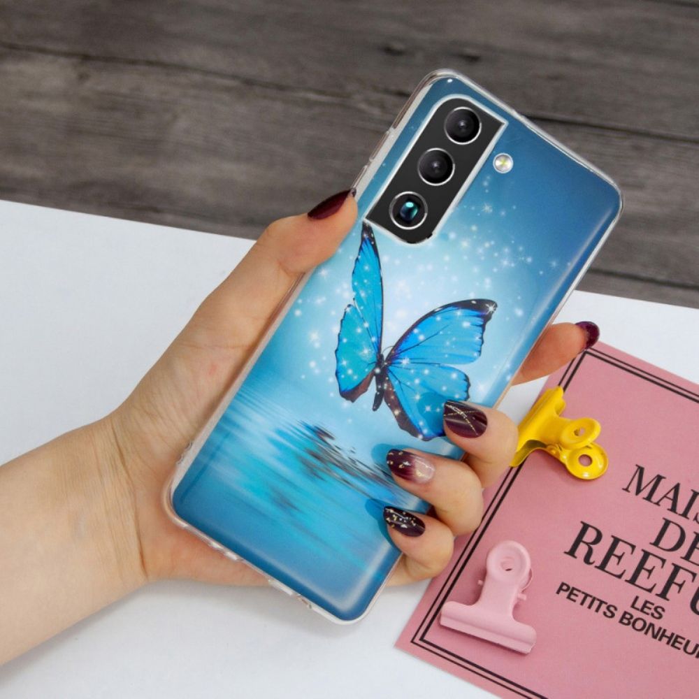 Hülle Für Samsung Galaxy S22 5G Fluoreszierende Blaue Schmetterlinge
