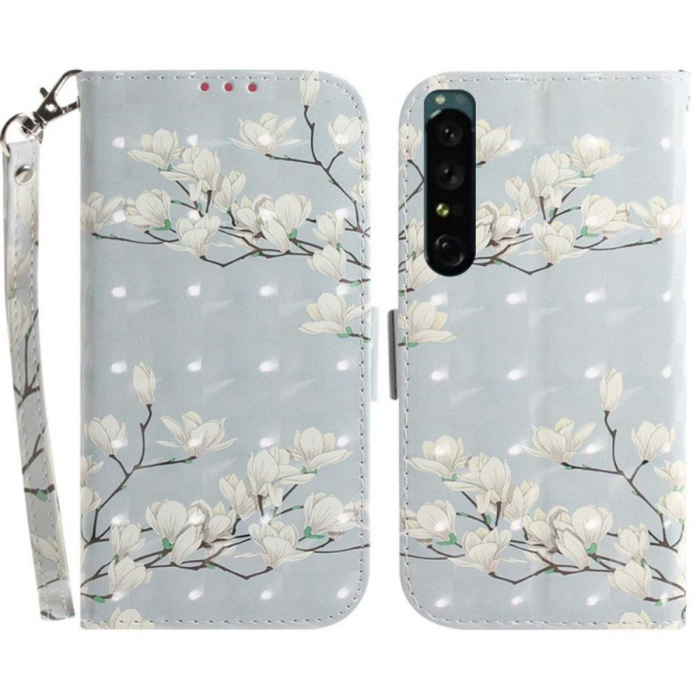 Lederhüllen Für Sony Xperia 1 IV Mit Kordel Weiße Riemenblumen