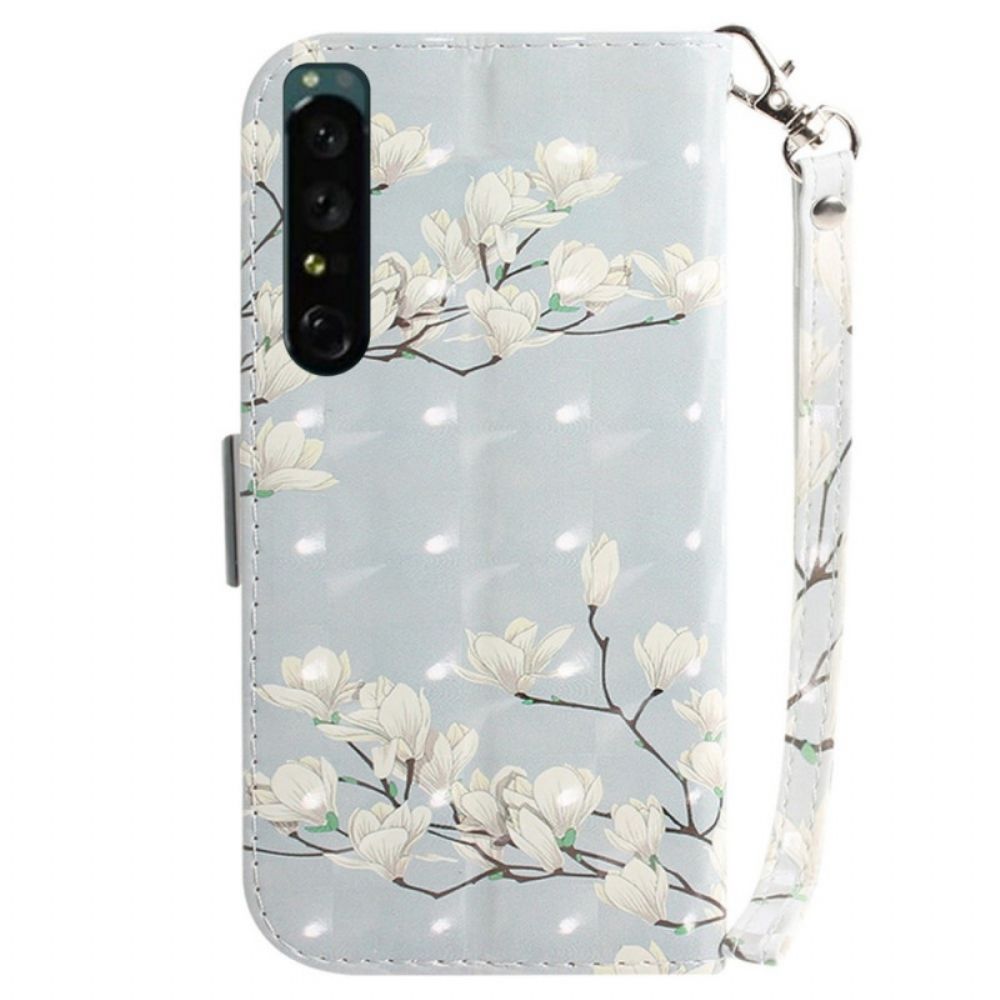 Lederhüllen Für Sony Xperia 1 IV Mit Kordel Weiße Riemenblumen