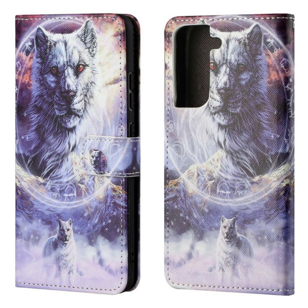 Flip Case Für Samsung Galaxy S21 FE Winterwolf Mit Lanyard