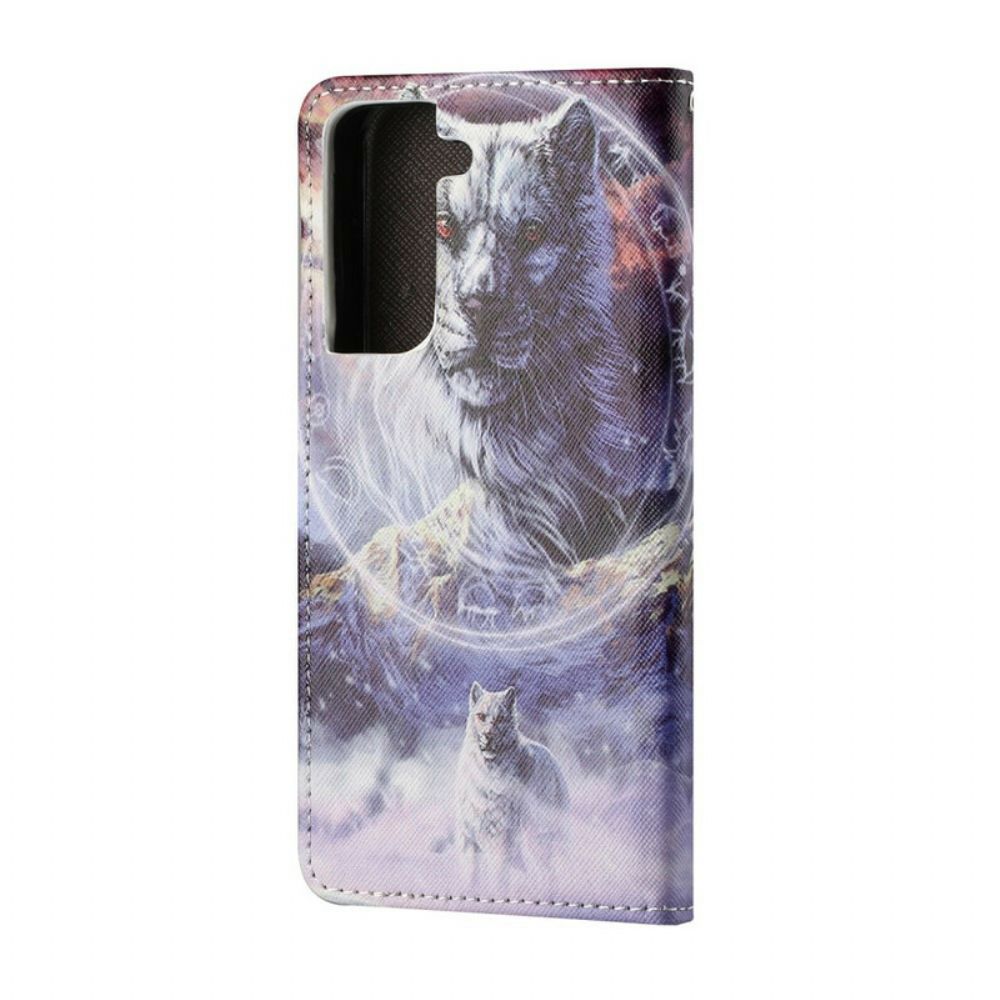 Flip Case Für Samsung Galaxy S21 FE Winterwolf Mit Lanyard