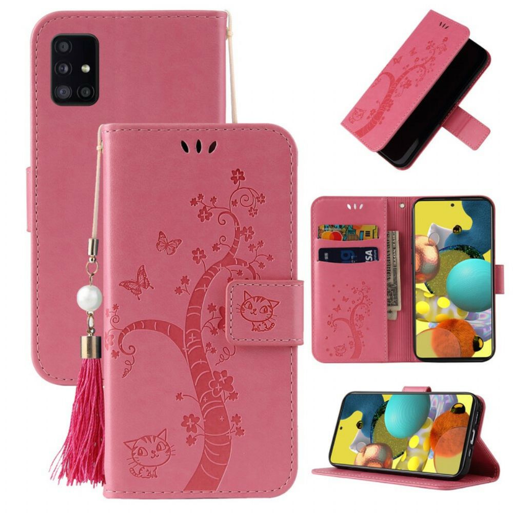 Flip Case Für Samsung Galaxy A51 5G Mit Kordel Baum Und Katze Mit Perle Am Riemen