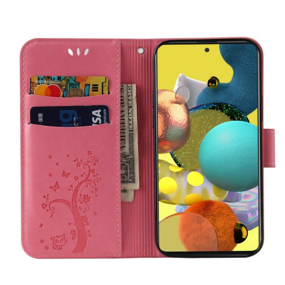 Flip Case Für Samsung Galaxy A51 5G Mit Kordel Baum Und Katze Mit Perle Am Riemen